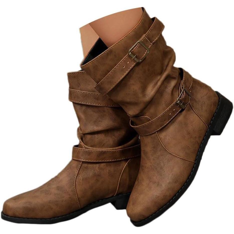 image:imageBottes et Bottines Femme de Cowboy Motard Casual Bottes Talons Pais Hiver Mode Bout Rond Confortables sans Lacet Chaussures Courtes MiMollet BottesB Marron