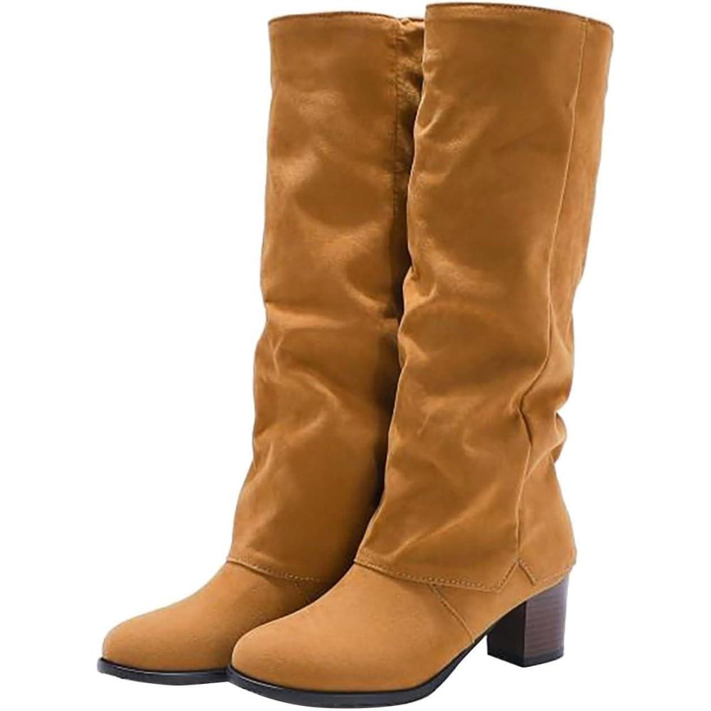 image:imageBottes mimollet pour femme talon bloc en faux daim enfiler Bottes longues au genou Chaussures bout pointu Chaussures talons mipais Souples et confortables Automne et hiverJaune