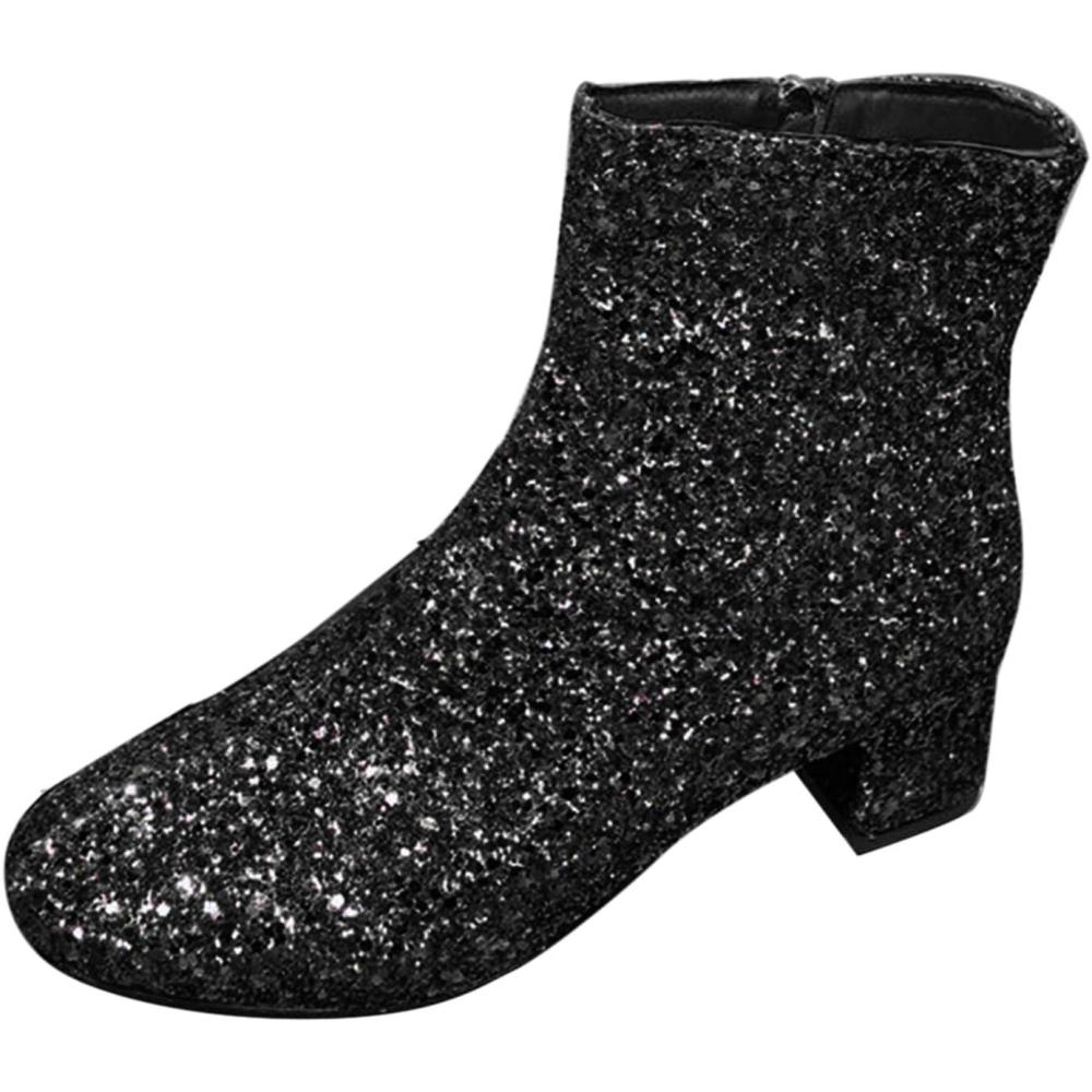 image:imageBottines paillettes pour femme avec strass et talons pais avec fermeture clair latrale bout rond talon bloc bas court habill confortable dcontractA Noir