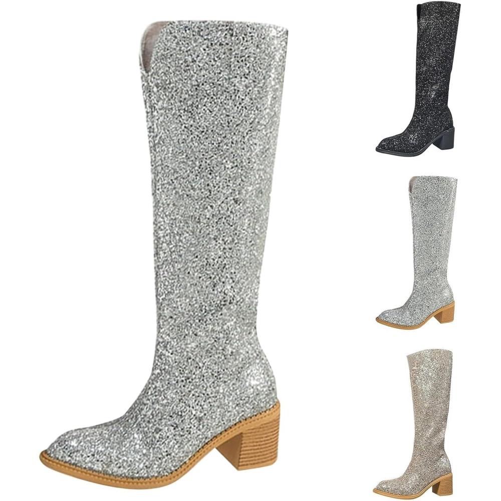 image:imageBottines paillettes pour femme avec strass et talons pais avec fermeture clair latrale bout rond talon bloc bas court habill confortable dcontractArgent Haut