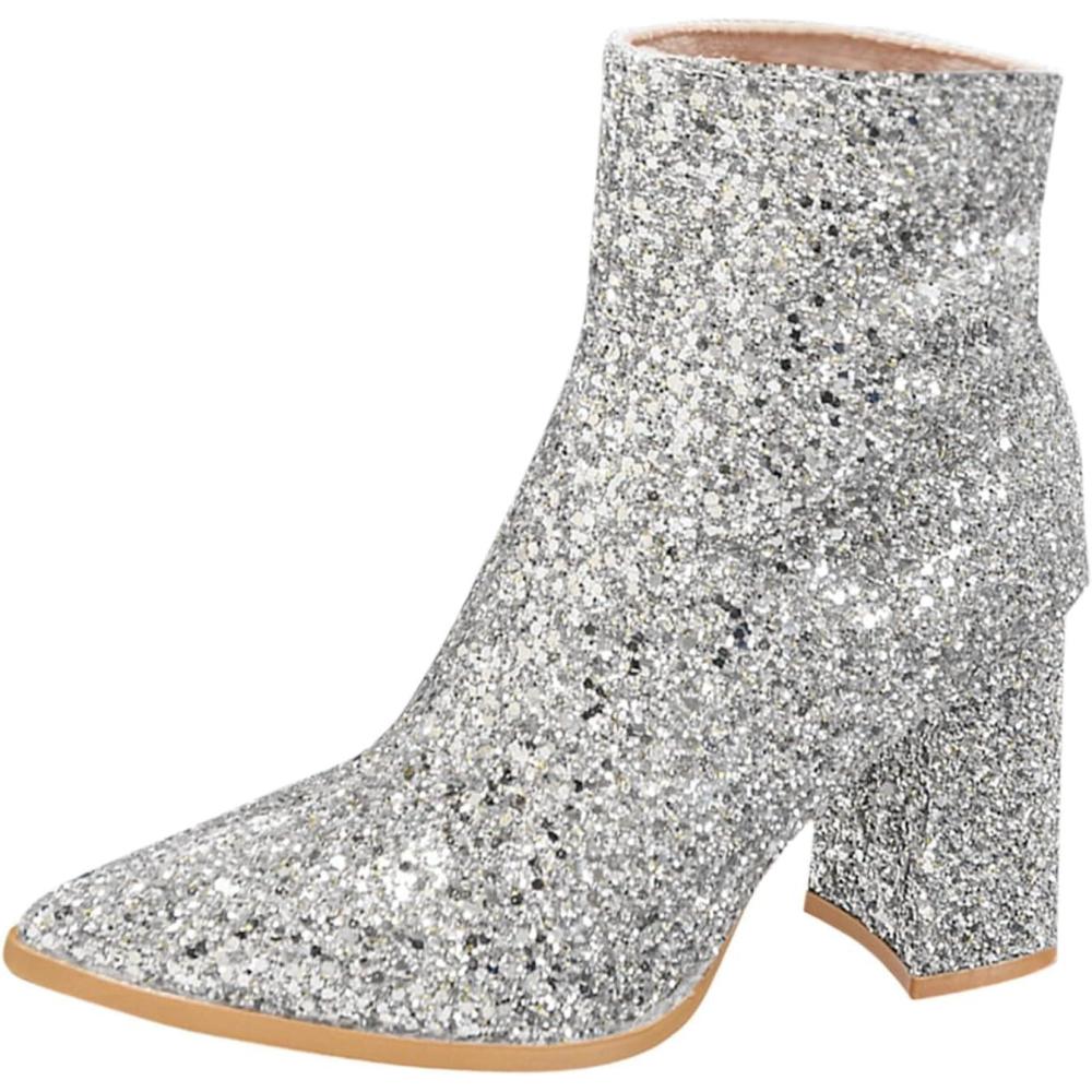image:imageBottines paillettes pour femme avec strass et talons pais avec fermeture clair latrale bout rond talon bloc bas court habill confortable dcontractBout Pointu Argent
