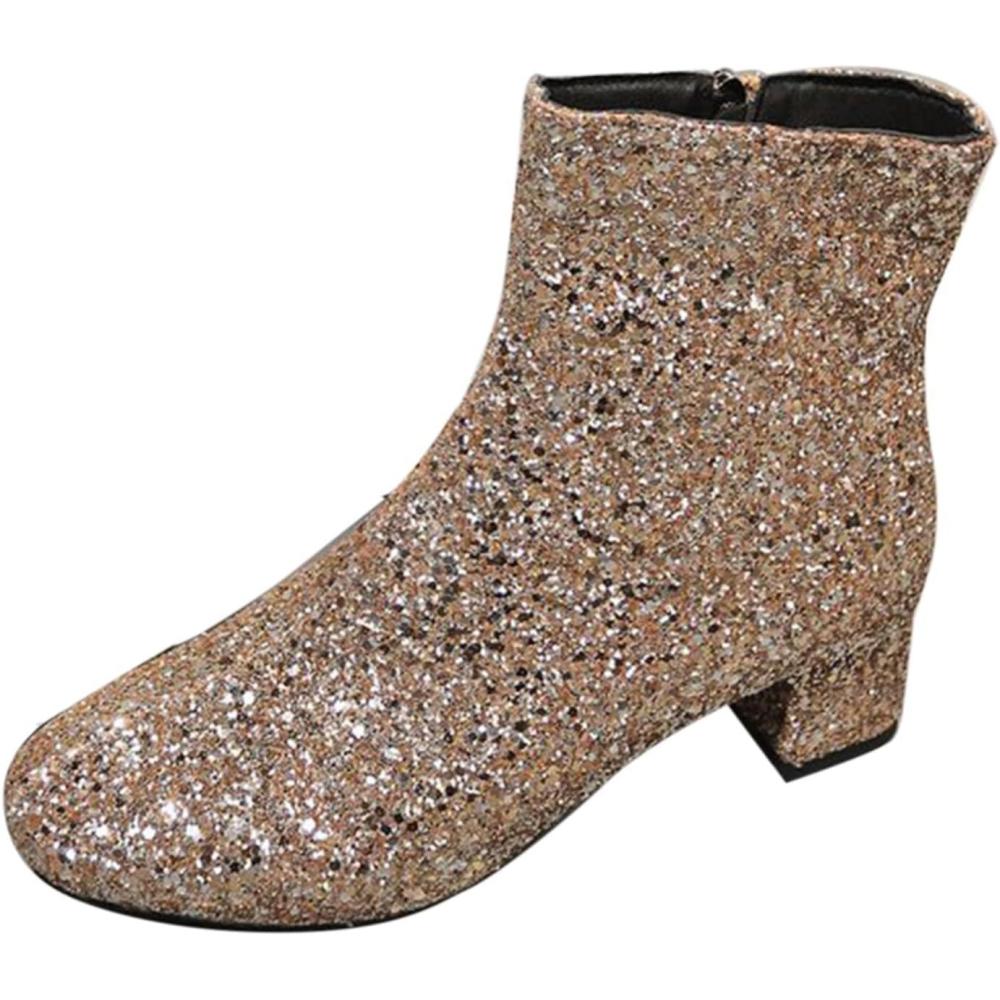 image:imageBottines paillettes pour femme avec strass et talons pais avec fermeture clair latrale bout rond talon bloc bas court habill confortable dcontractDor