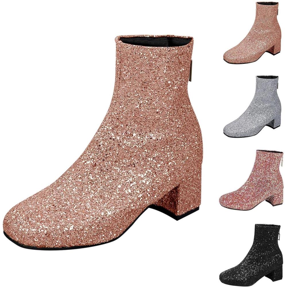 image:imageBottines paillettes pour femme avec strass et talons pais avec fermeture clair latrale bout rond talon bloc bas court habill confortable dcontractFermeture clair Arrire Or Rose