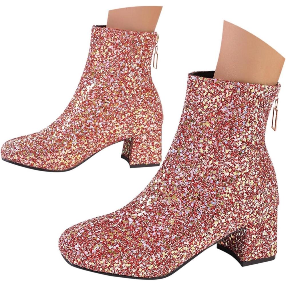 image:imageBottines paillettes pour femme avec strass et talons pais avec fermeture clair latrale bout rond talon bloc bas court habill confortable dcontractFermeture clair Arrire Rose