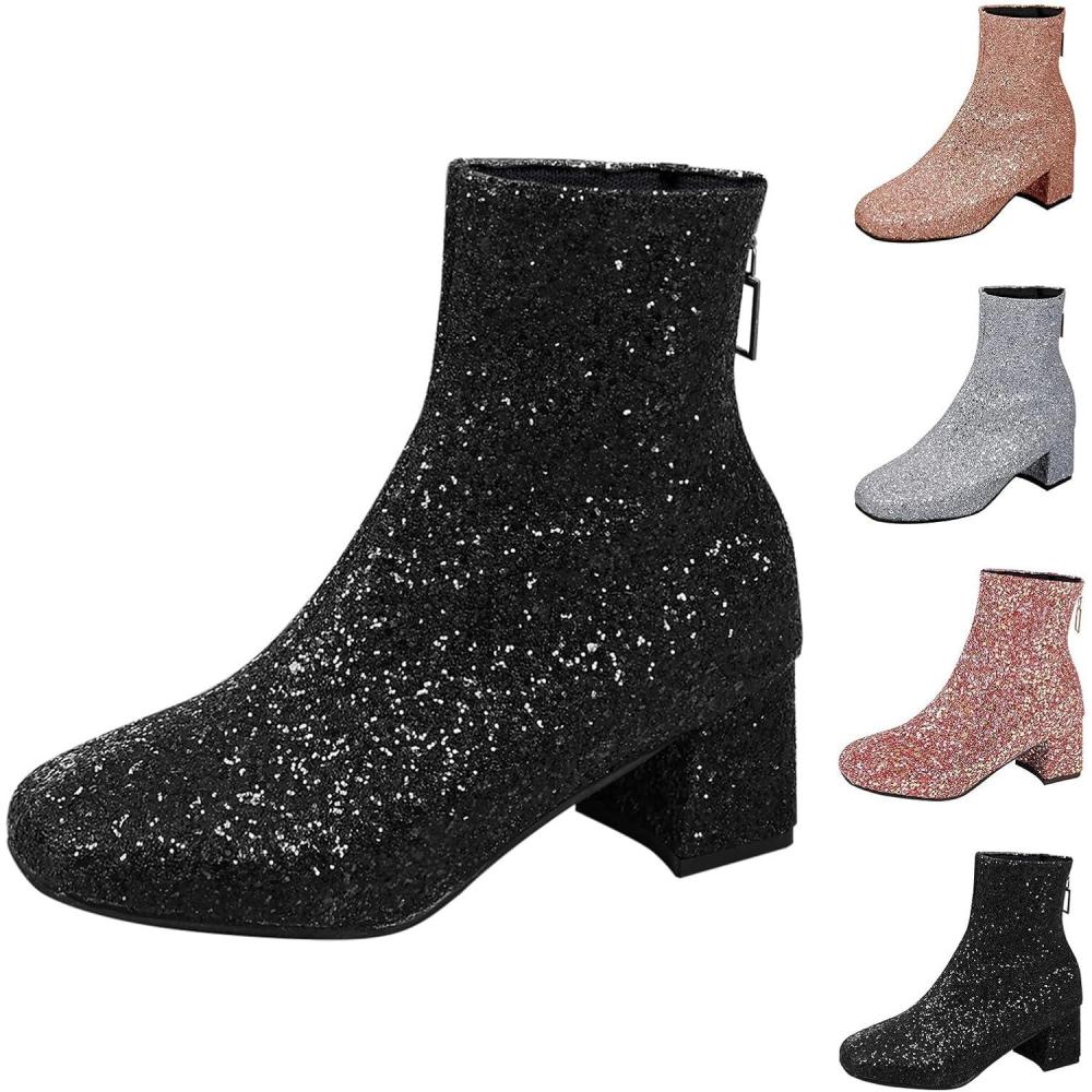 image:imageBottines paillettes pour femme avec strass et talons pais avec fermeture clair latrale bout rond talon bloc bas court habill confortable dcontractFermeture clair Arrire Noire