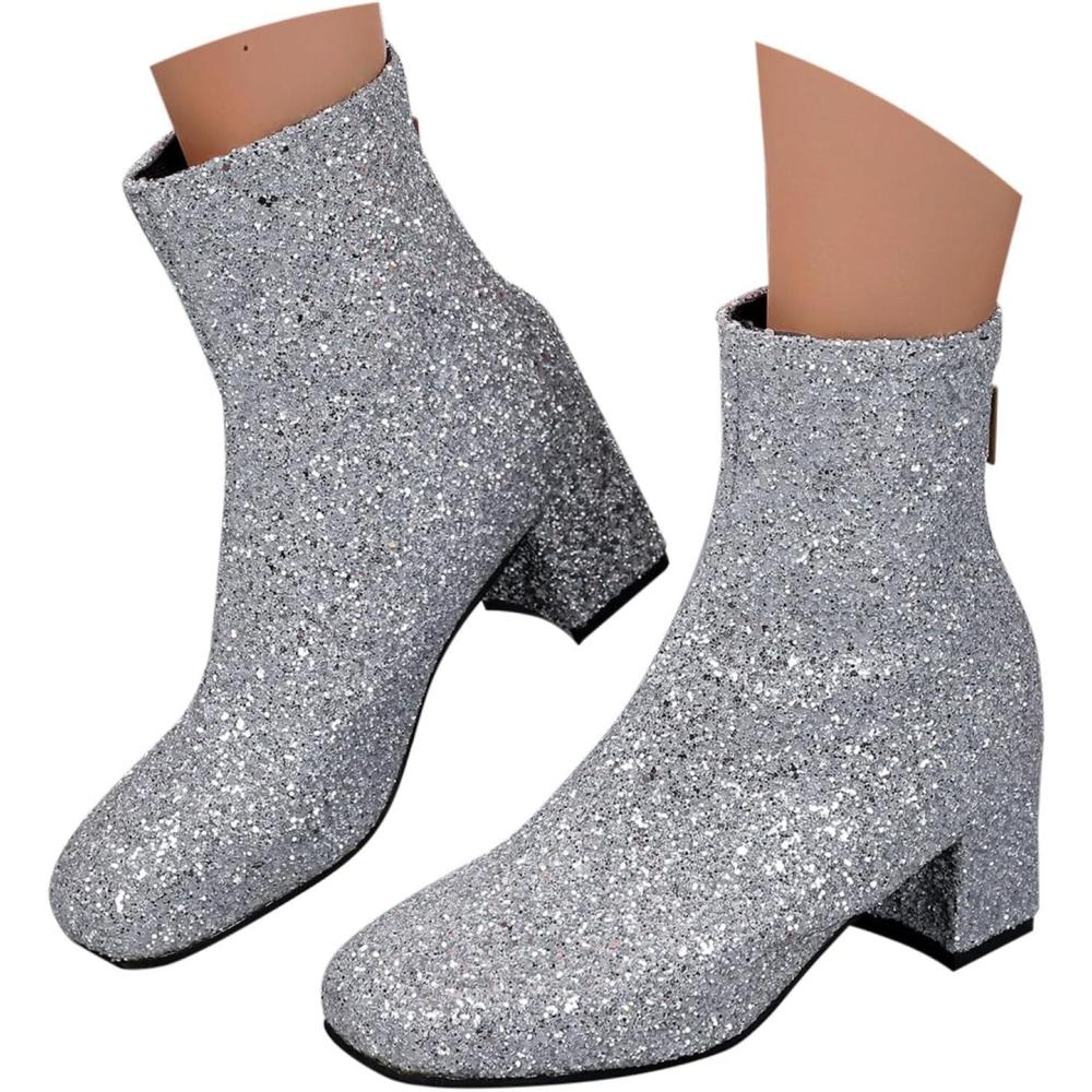 image:imageBottines paillettes pour femme avec strass et talons pais avec fermeture clair latrale bout rond talon bloc bas court habill confortable dcontractFermeture clair Arrire Argente