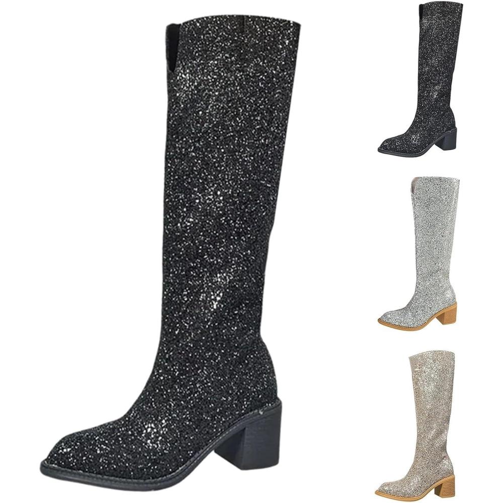 image:imageBottines paillettes pour femme avec strass et talons pais avec fermeture clair latrale bout rond talon bloc bas court habill confortable dcontractNoir