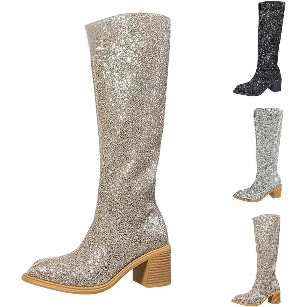 image:imageBottines paillettes pour femme avec strass et talons pais avec fermeture clair latrale bout rond talon bloc bas court habill confortable dcontractOr Haut