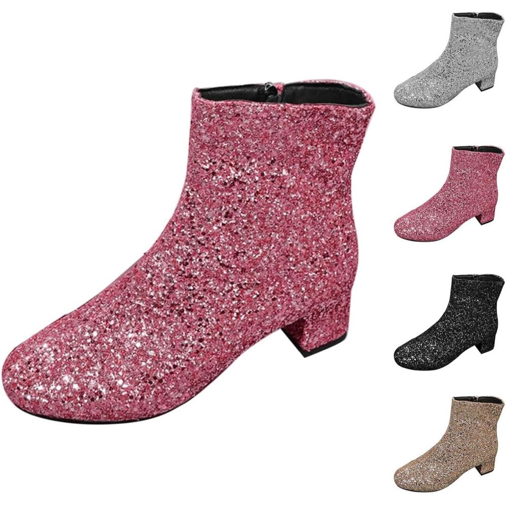image:imageBottines paillettes pour femme avec strass et talons pais avec fermeture clair latrale bout rond talon bloc bas court habill confortable dcontractRose