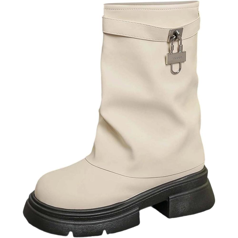 image:imageBottines talons pais pour femme Style rtro Bottes hautes polyvalentes Bottes hautesBlanc