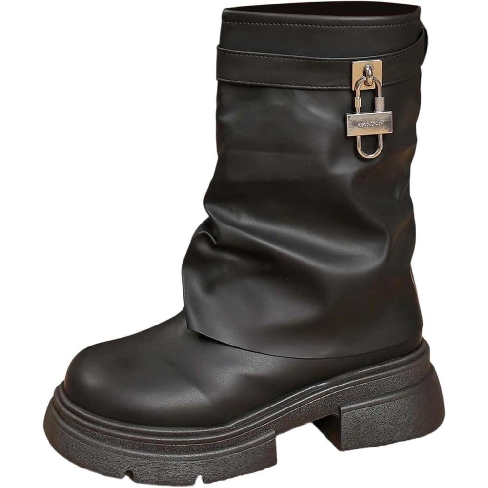 image:imageBottines talons pais pour femme Style rtro Bottes hautes polyvalentes Bottes hautesNoir