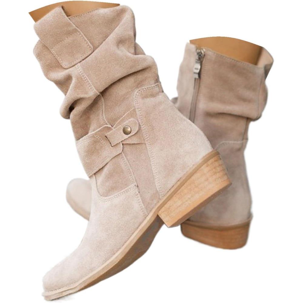 image:imageBottines Larges Mollets pour Femme Bout Rond Talon Bas Bottes miMollet Cowboy Enfiler Bottine Hautes en Sud Faux Boucle Marche Confortables Vintage Chaussures Santiags Automne HiverB1 Beige