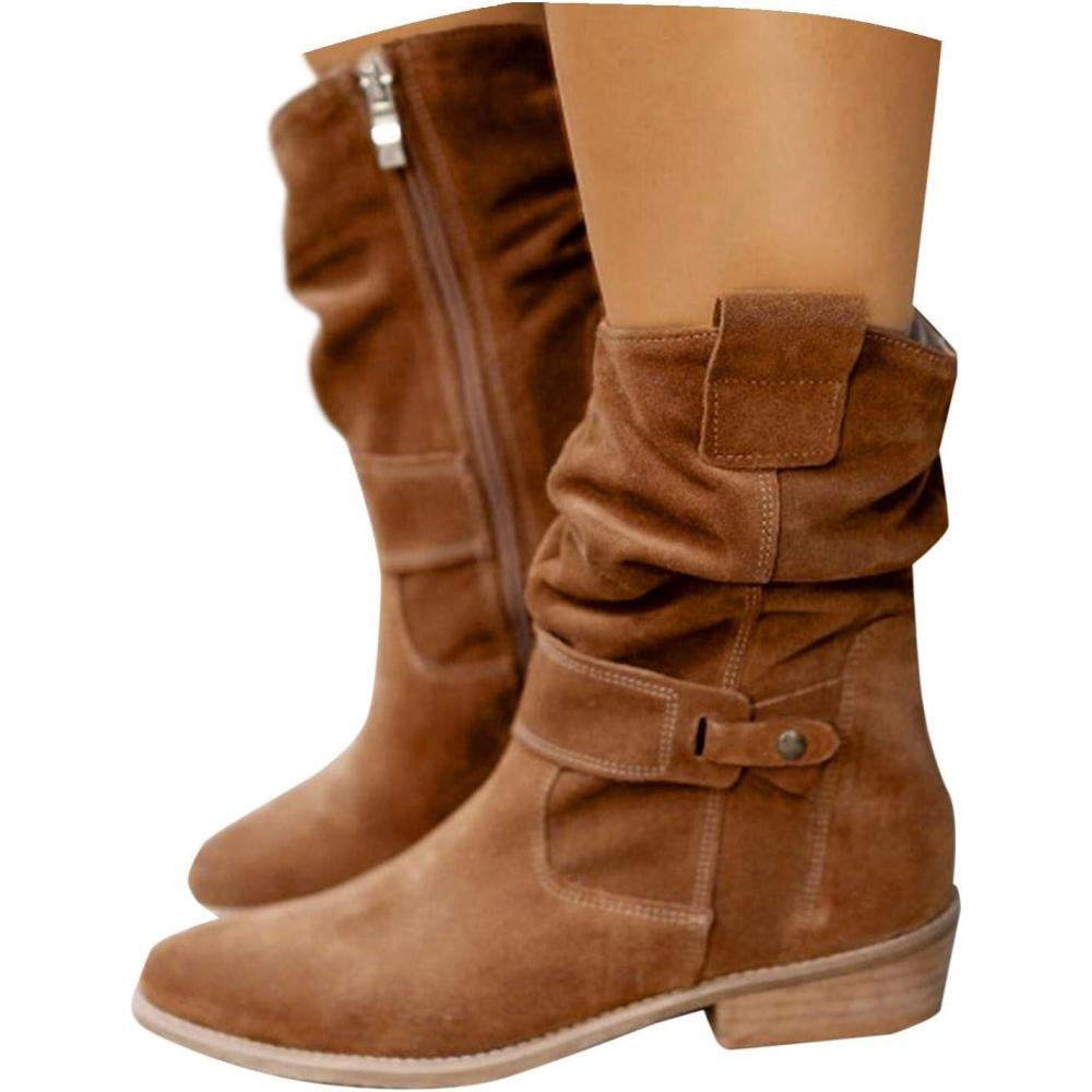 image:imageBottines Larges Mollets pour Femme Bout Rond Talon Bas Bottes miMollet Cowboy Enfiler Bottine Hautes en Sud Faux Boucle Marche Confortables Vintage Chaussures Santiags Automne HiverB1 Marron