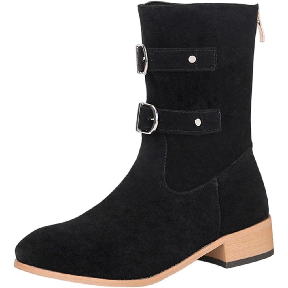 image:imageBottines pour femme 2026 mimollet bout rond plat talon pais boucle dcore enfiler cheville occidentale chaussures dquitation dcontractes Noir 365 EU