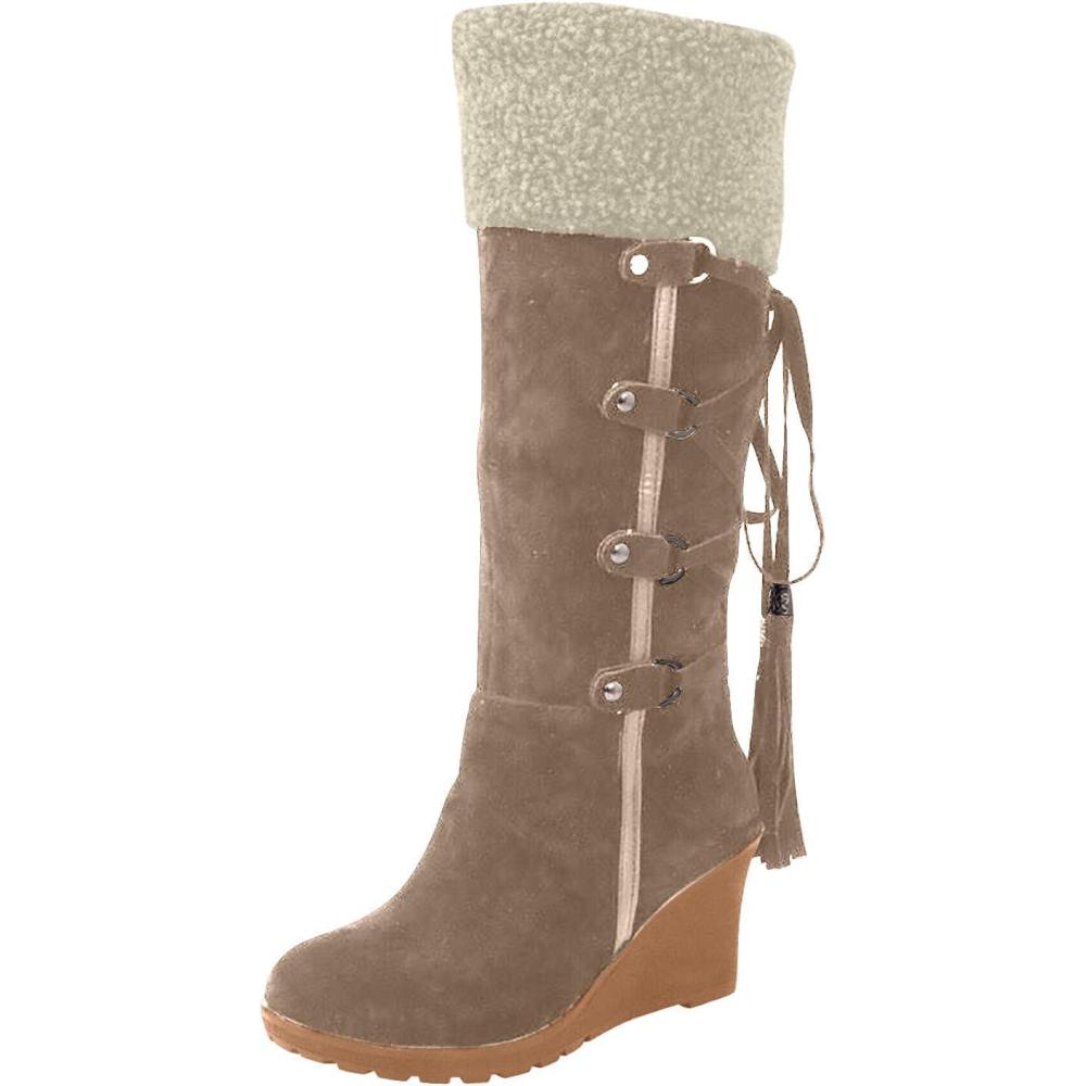 image:imageCuissardes Femme Sexy Talon Plat Bottes de Neige pour Femmes en Daim Confortable Bottes mi Mollet Bottines Chaude et Durable Botte audessus du Genou Boots Western lgants Chaussures01 Beige