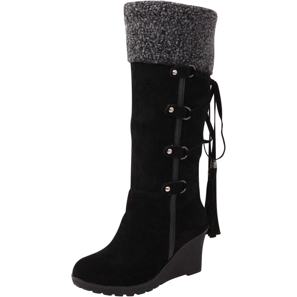image:imageCuissardes Femme Sexy Talon Plat Bottes de Neige pour Femmes en Daim Confortable Bottes mi Mollet Bottines Chaude et Durable Botte audessus du Genou Boots Western lgants Chaussures01 le Noir
