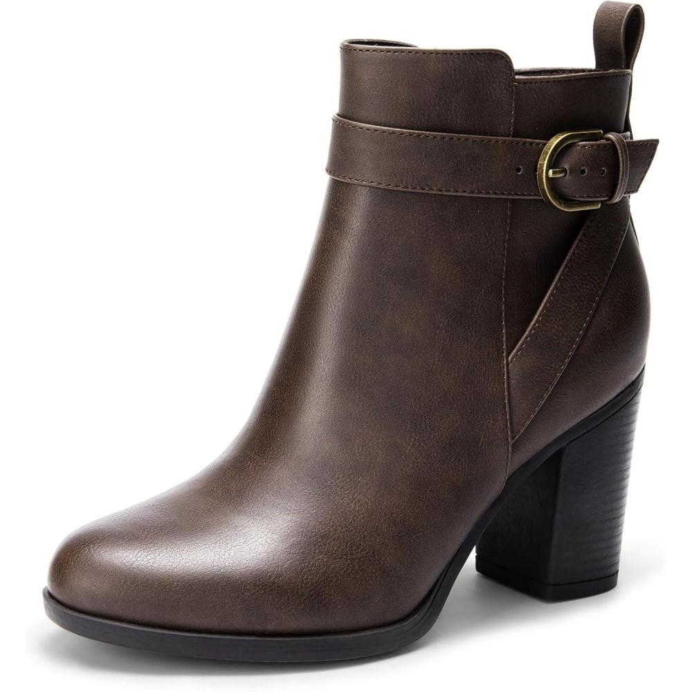 image:imageDREAM PAIRS Bottes Femme Bout Rond Classiques Fermeture clair Antidrapantes Confortables Bottines Enfiler pour Automne HiverMarron Pu