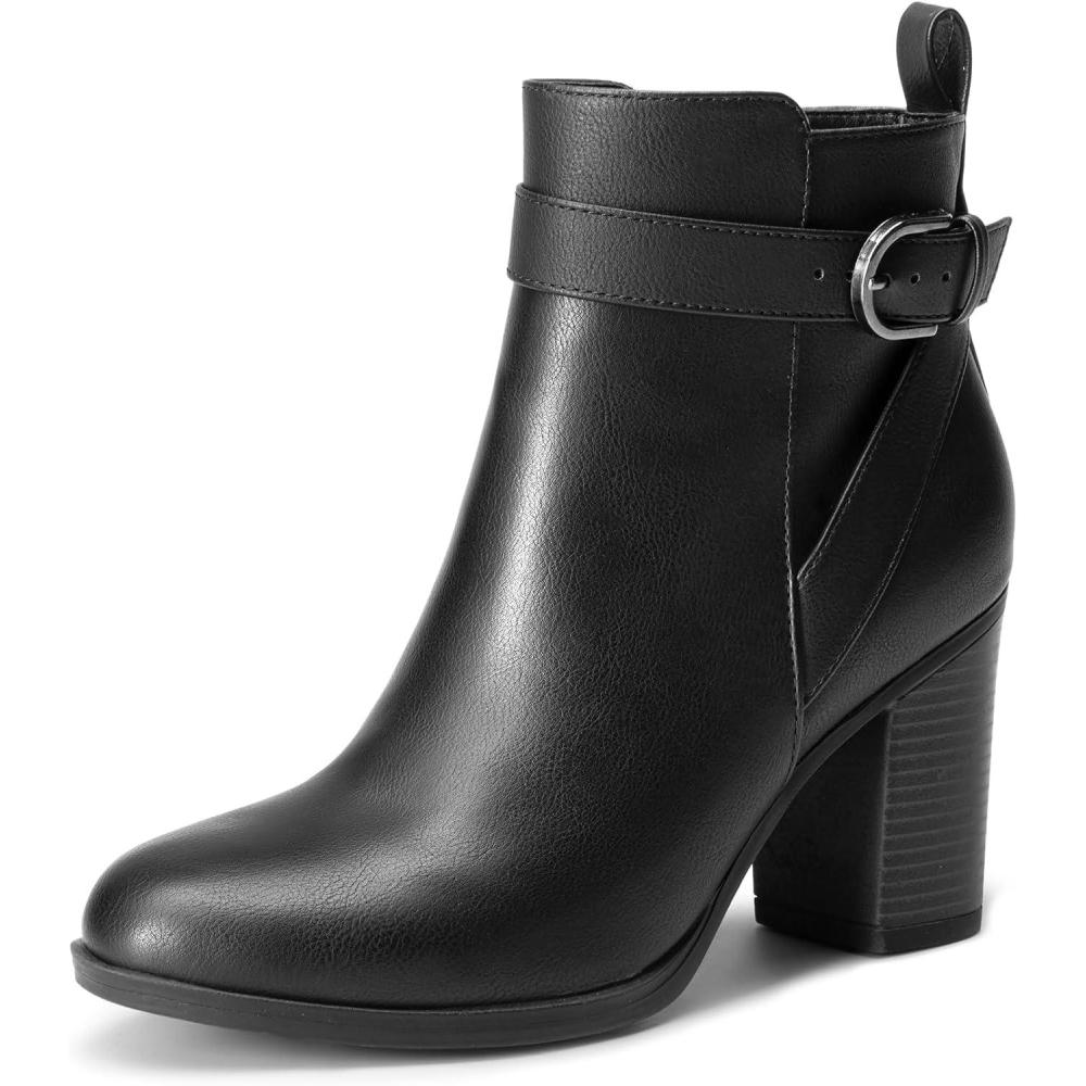 image:imageDREAM PAIRS Bottes Femme Bout Rond Classiques Fermeture clair Antidrapantes Confortables Bottines Enfiler pour Automne HiverNoir Pu