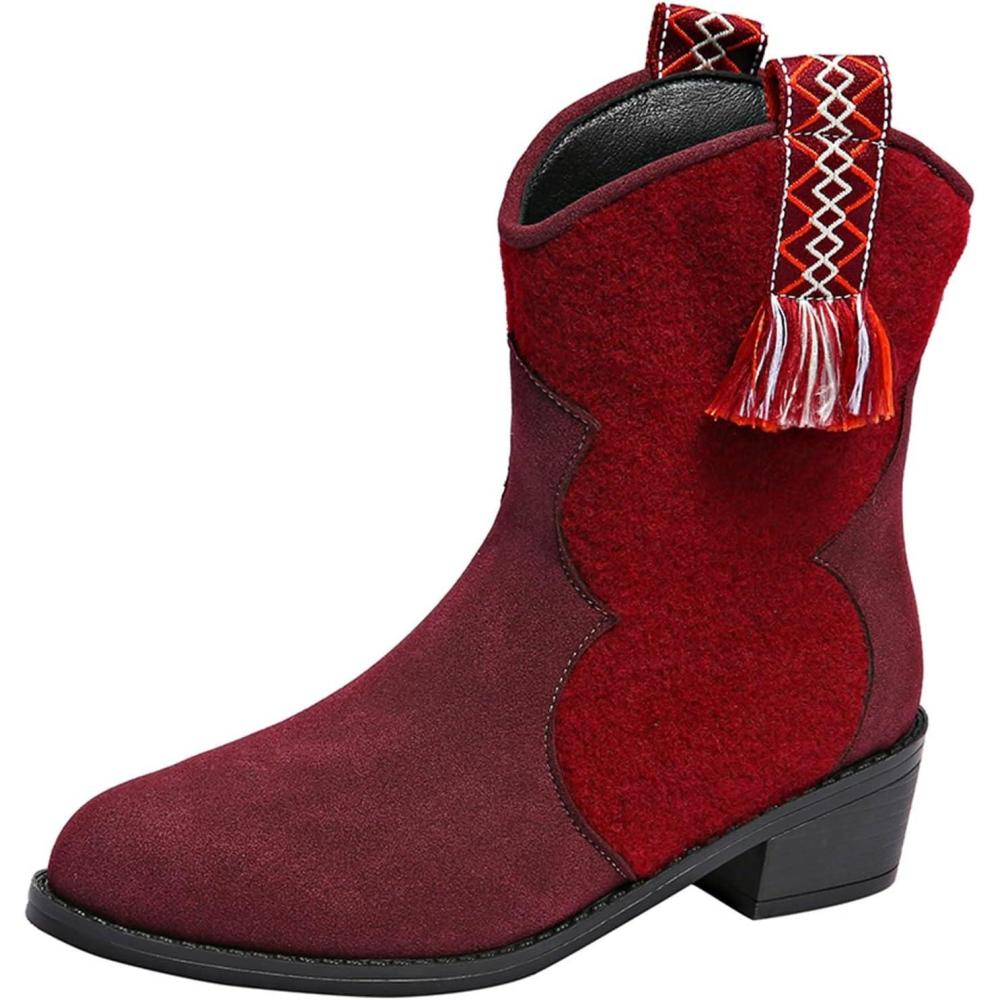 image:imageGnrique Bottes pour femme daim Rond MiMollet Femmes Bottine Confortable Impermables Souple Elgantes Bottines femme Chaudes Vintage classiques Femelles Botte cuir vritable Automne coloresRouge