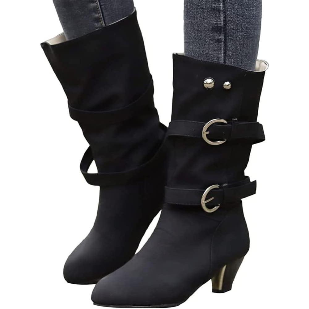 image:imageORANDESIGNE Bottes de Moto Femme Rtro Bottines a Lacets Cowboy Plates Chaussure de Sport Daim Bottes de Cavalier Botte Neige HiverB Noir