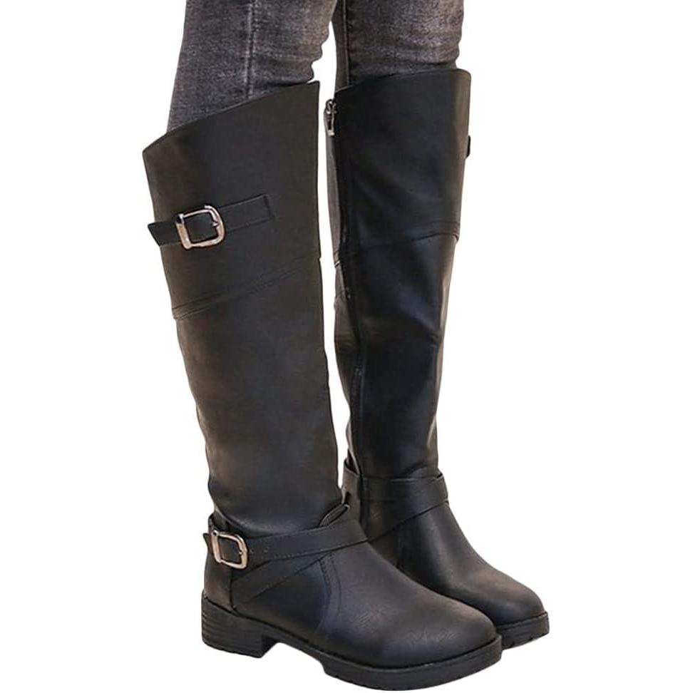 image:imageORANDESIGNE Bottes de Moto Femme Rtro Bottines a Lacets Cowboy Plates Chaussure de Sport Daim Bottes de Cavalier Botte Neige HiverD Noir
