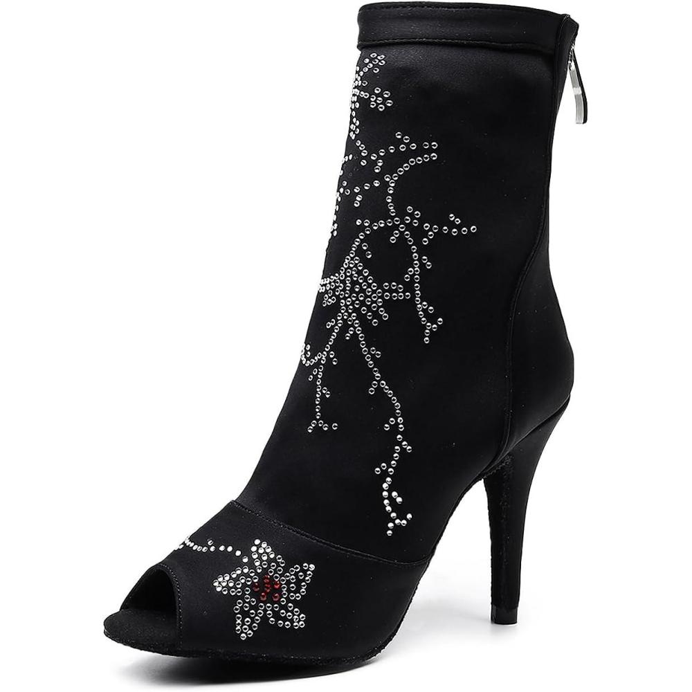 image:imageSWDZM Bottines de Danse Latine pour Femme Peep Toe Salsa Bachata Talons pour la SalonNoir Strass