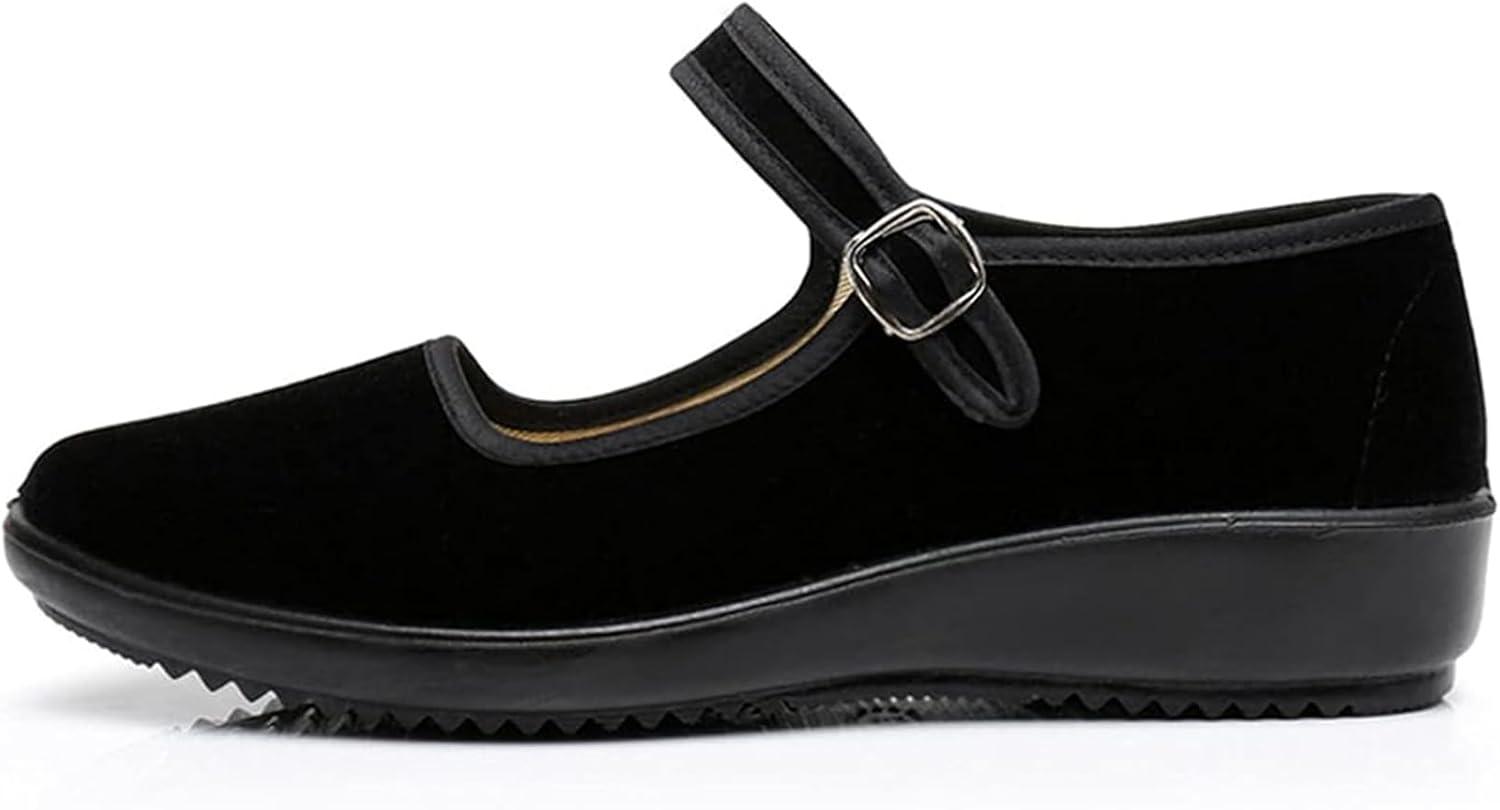image:imageAioTio Velours Chaussures Mary Janes Femme Chaussons Ballerine Femme Chaussure Plate Femme Souples Semelle en Caoutchouc Antidrapant Chaussure Chinoise Femme avec Doublure en Coton ConfortableNoir