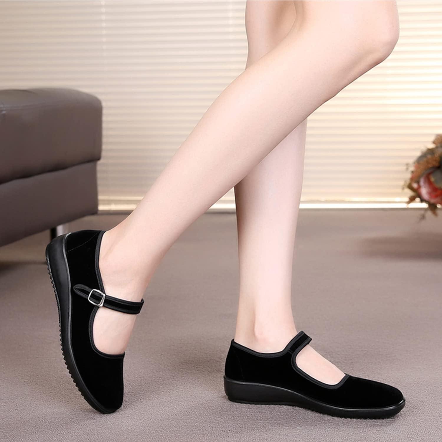 image:imageAioTio Velours Chaussures Mary Janes Femme Chaussons Ballerine Femme Chaussure Plate Femme Souples Semelle en Caoutchouc Antidrapant Chaussure Chinoise Femme avec Doublure en Coton ConfortableNoir