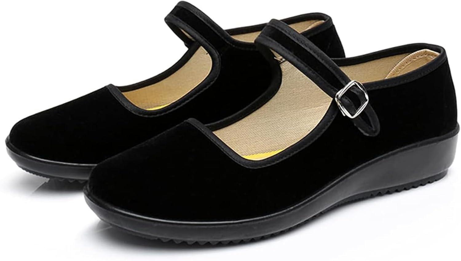 image:imageAioTio Velours Chaussures Mary Janes Femme Chaussons Ballerine Femme Chaussure Plate Femme Souples Semelle en Caoutchouc Antidrapant Chaussure Chinoise Femme avec Doublure en Coton ConfortableNoir