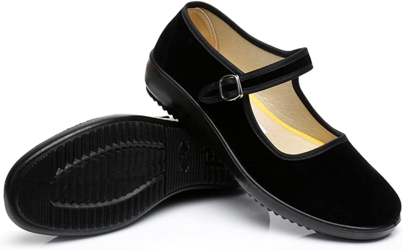 image:imageAioTio Velours Chaussures Mary Janes Femme Chaussons Ballerine Femme Chaussure Plate Femme Souples Semelle en Caoutchouc Antidrapant Chaussure Chinoise Femme avec Doublure en Coton ConfortableNoir