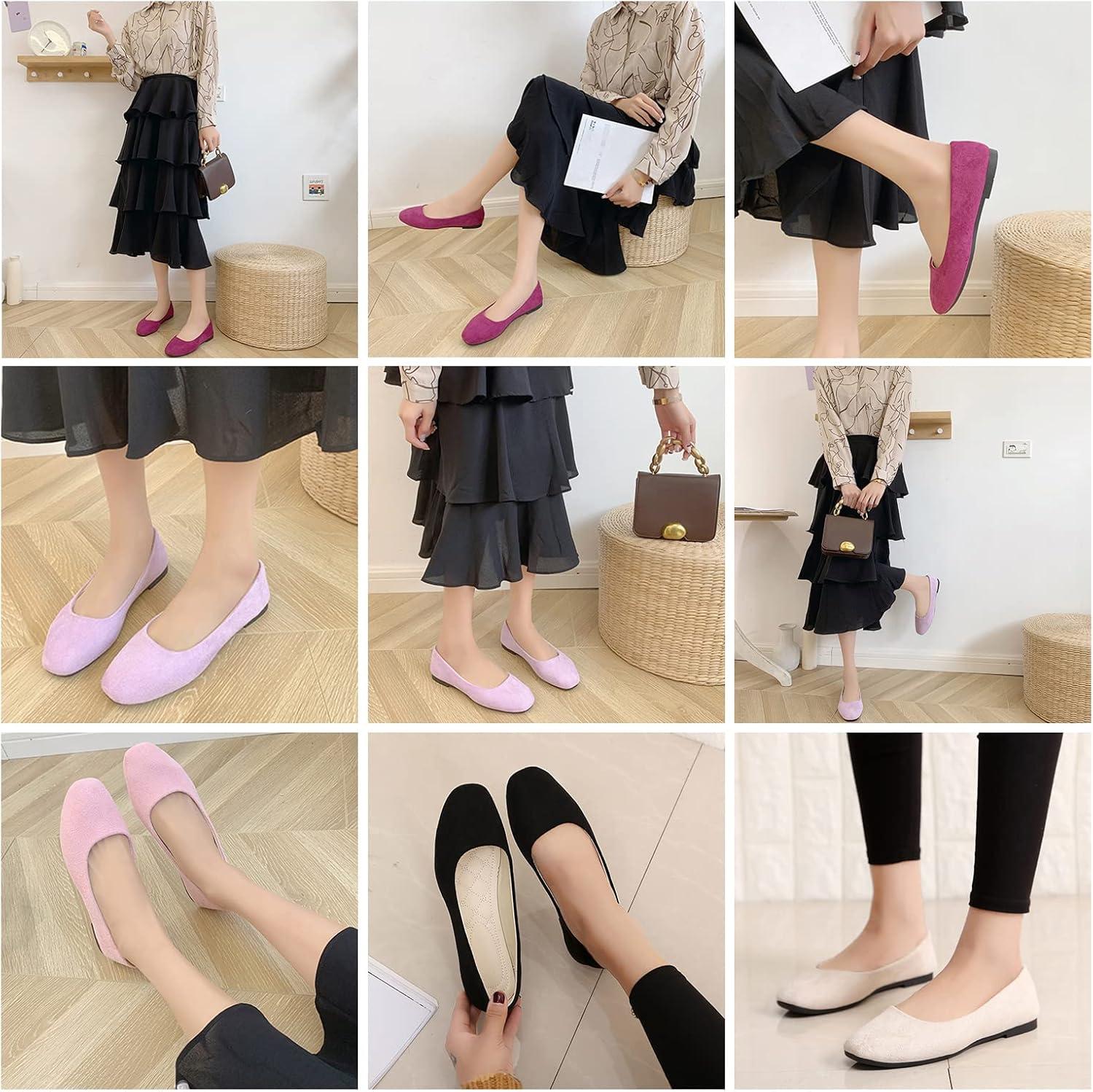 image:imageBallerines plates dcontractes bout carr pour femme lgantes enfiler Couleur unie Tendance Couleur unie Chaussures plates confortables pour le bureau et la conduiteRose