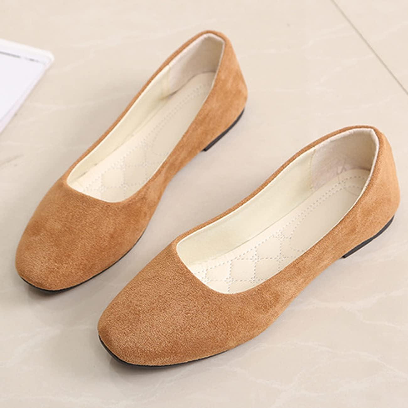 image:imageBallerines plates dcontractes bout carr pour femme lgantes enfiler Couleur unie Tendance Couleur unie Chaussures plates confortables pour le bureau et la conduiteMarron