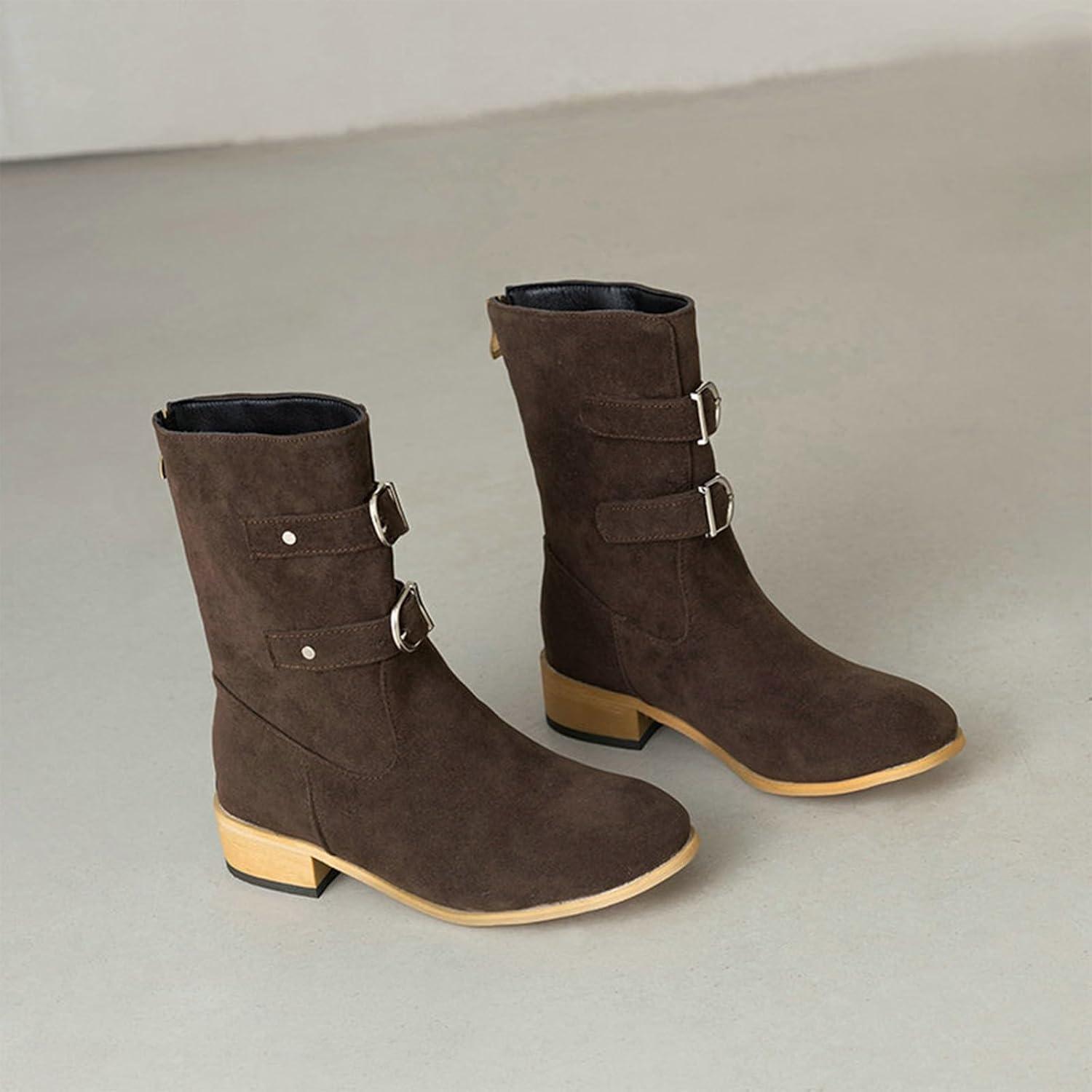 image:imageBottines pour femme 2026 mimollet bout rond plat talon pais boucle dcore enfiler cheville occidentale chaussures dquitation dcontractes marron 36 EU