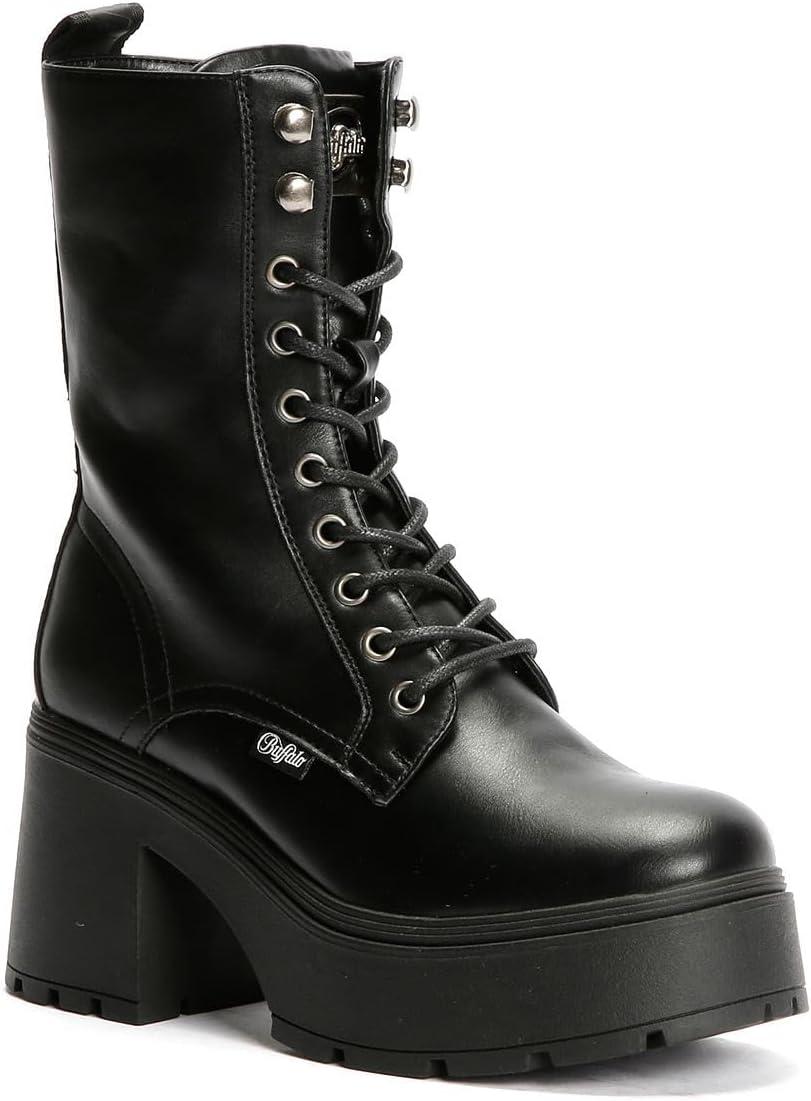 image:imageBuffalo Mila Lace Up Mid Bottes noires pour femmeNoir