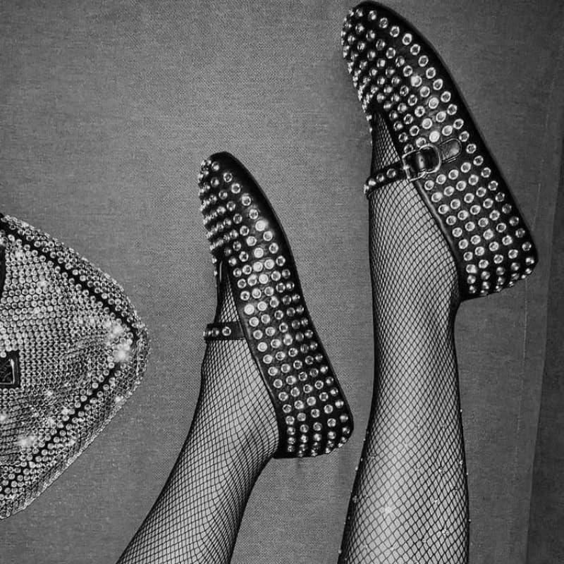 image:imageChaussures de bal ballerines pour femmes avec strass chaussures Mary Jane boucle scintillante et bout rond ballerines ornes de clous Noir 4
