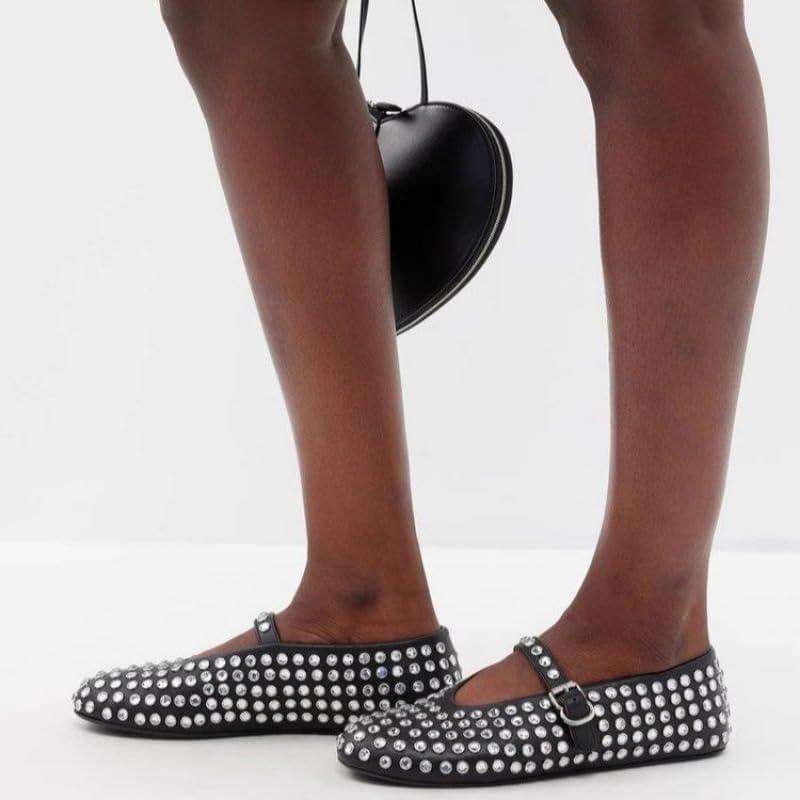 image:imageChaussures de bal ballerines pour femmes avec strass chaussures Mary Jane boucle scintillante et bout rond ballerines ornes de clous Noir 4