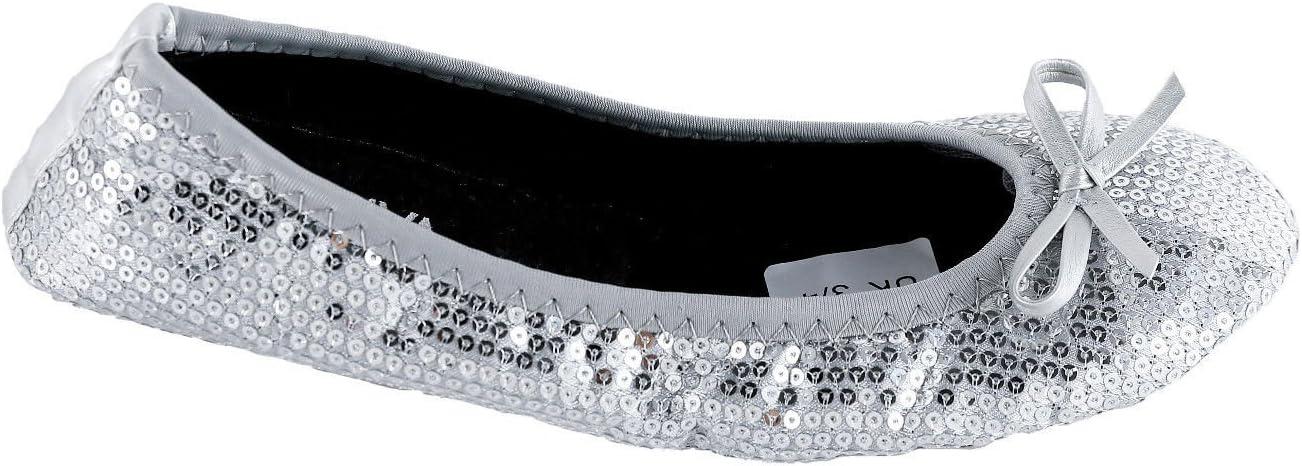 image:imageChaussures plates enroulables en satin pour femme avec sac pliable PaillettesPaillettes Blanches