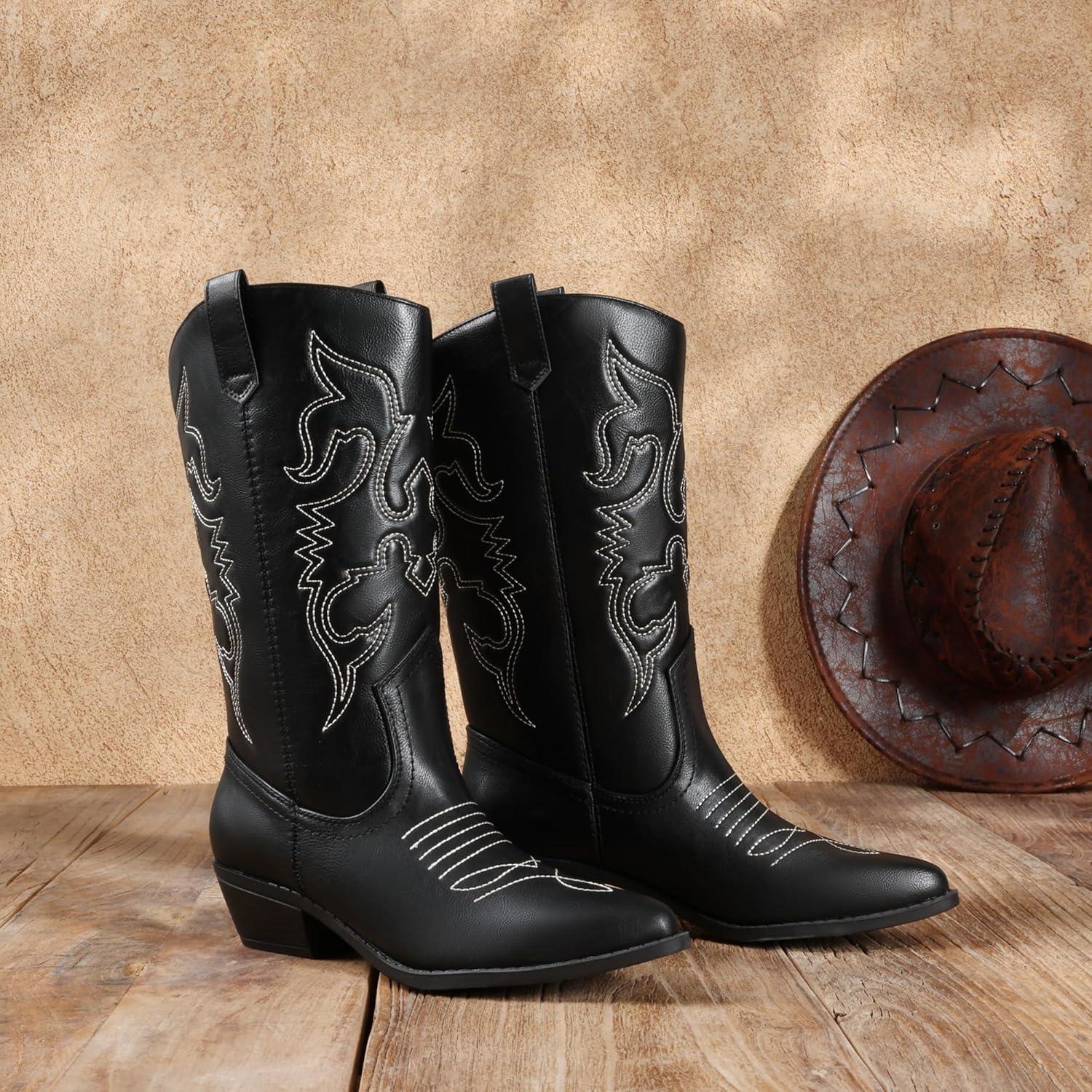image:imageDREAM PAIRS Bottes Western Femme Bottes Cowboy MiMollet Enfiler Style CowgirlNoir Pu