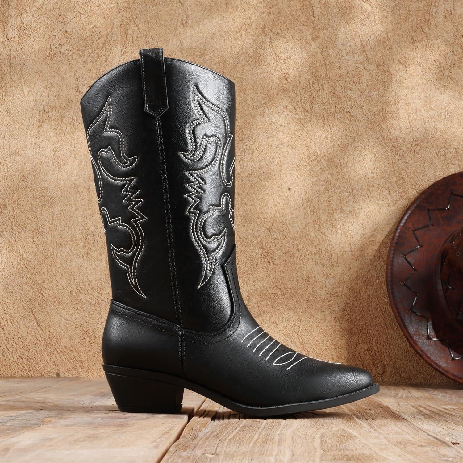 image:imageDREAM PAIRS Bottes Western Femme Bottes Cowboy MiMollet Enfiler Style CowgirlNoir Pu