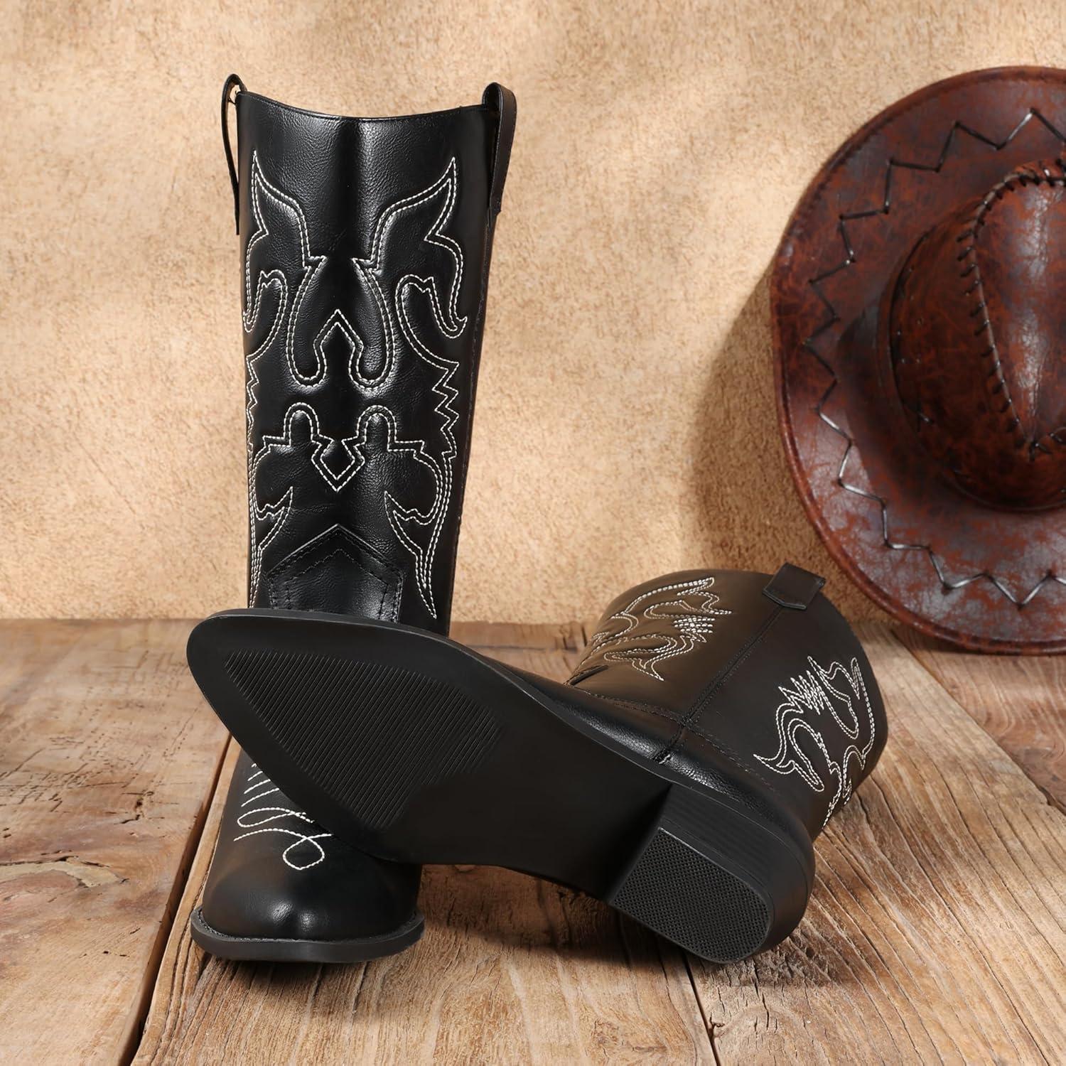 image:imageDREAM PAIRS Bottes Western Femme Bottes Cowboy MiMollet Enfiler Style CowgirlNoir Pu