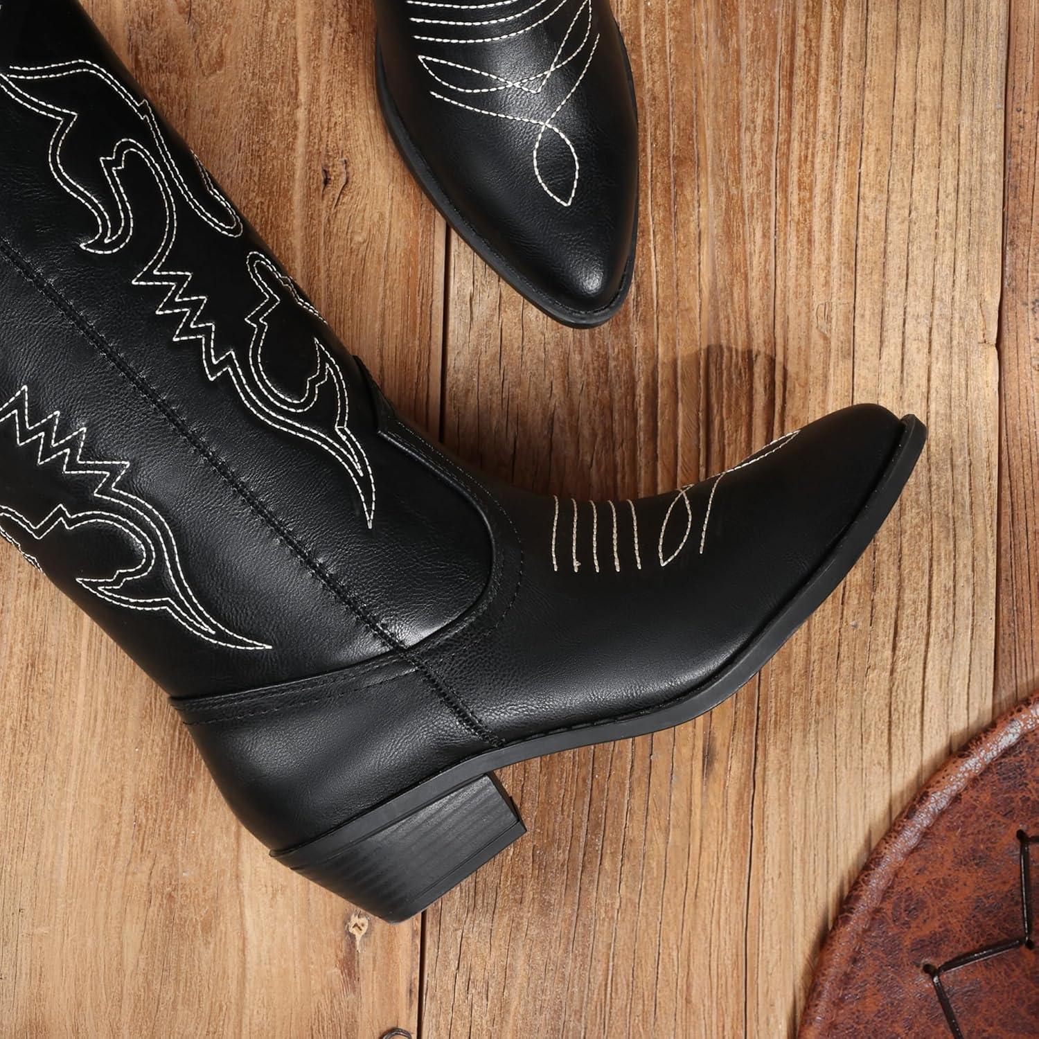 image:imageDREAM PAIRS Bottes Western Femme Bottes Cowboy MiMollet Enfiler Style CowgirlNoir Pu