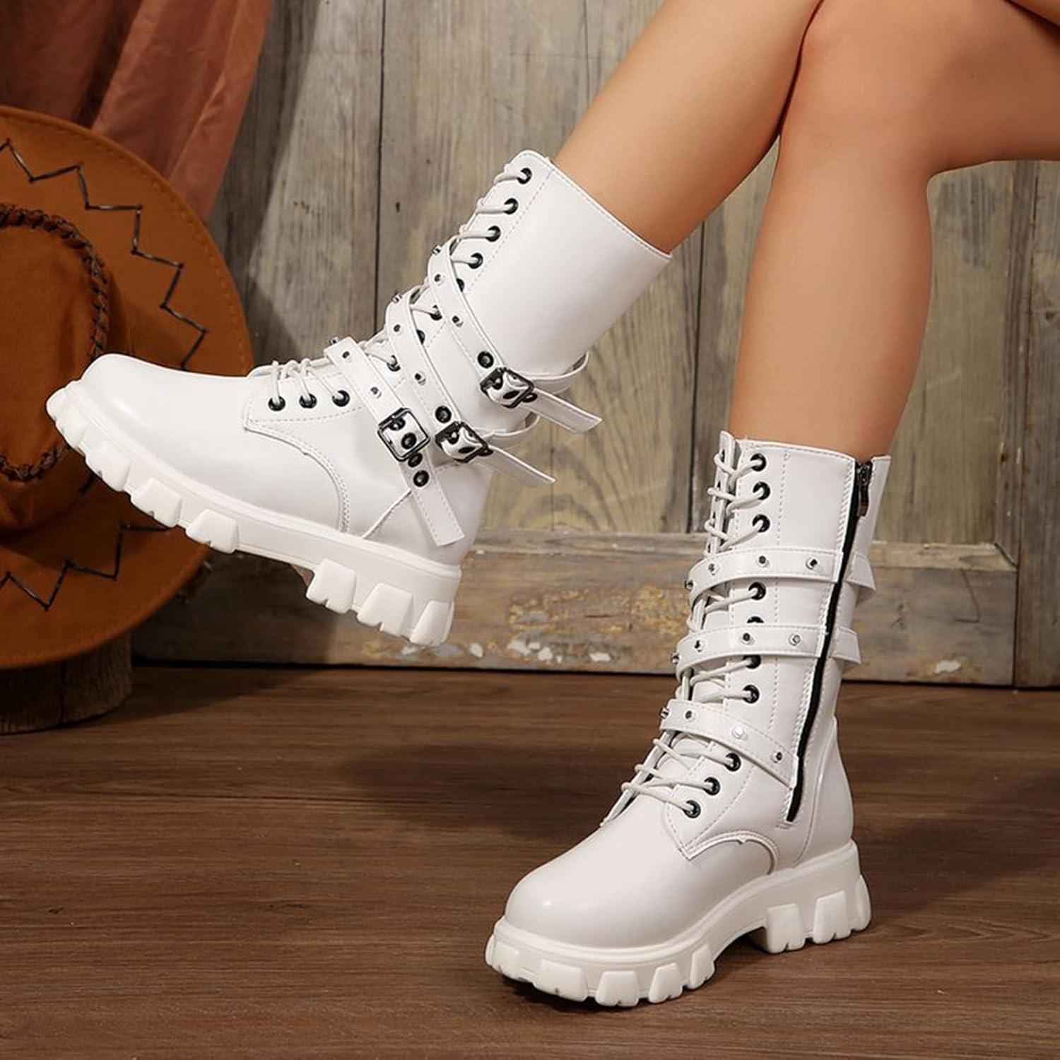 image:imageGnrique Bottes Plateforme MiMollet pour Femme Bout Rond Boot Femme Plateforme Montante Bottine Lacets Botte avec Sangle De Boucle Bottines PU 2025 Nouveau Boot Polyvalent Chaussure Hiver BotteWhite