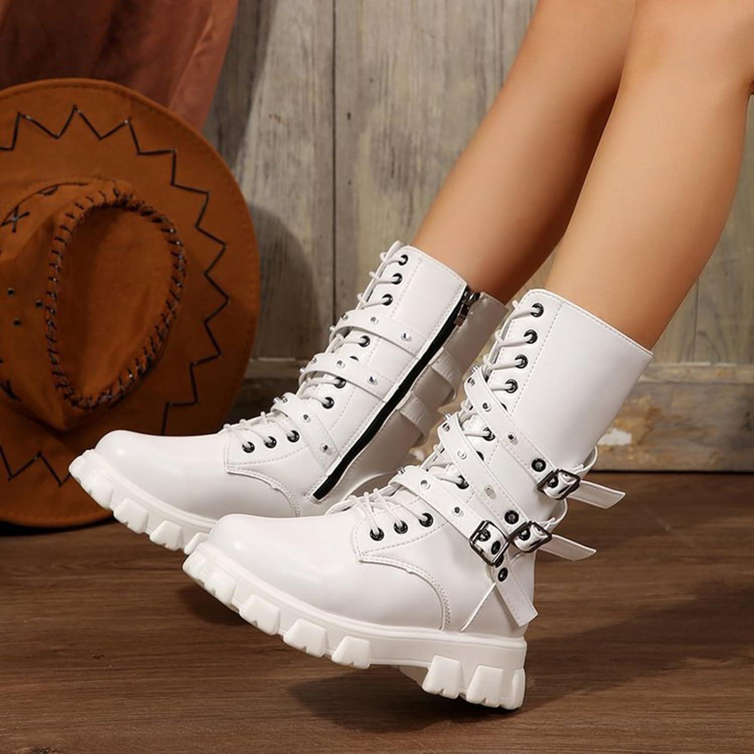 image:imageGnrique Bottes Plateforme MiMollet pour Femme Bout Rond Boot Femme Plateforme Montante Bottine Lacets Botte avec Sangle De Boucle Bottines PU 2025 Nouveau Boot Polyvalent Chaussure Hiver BotteWhite