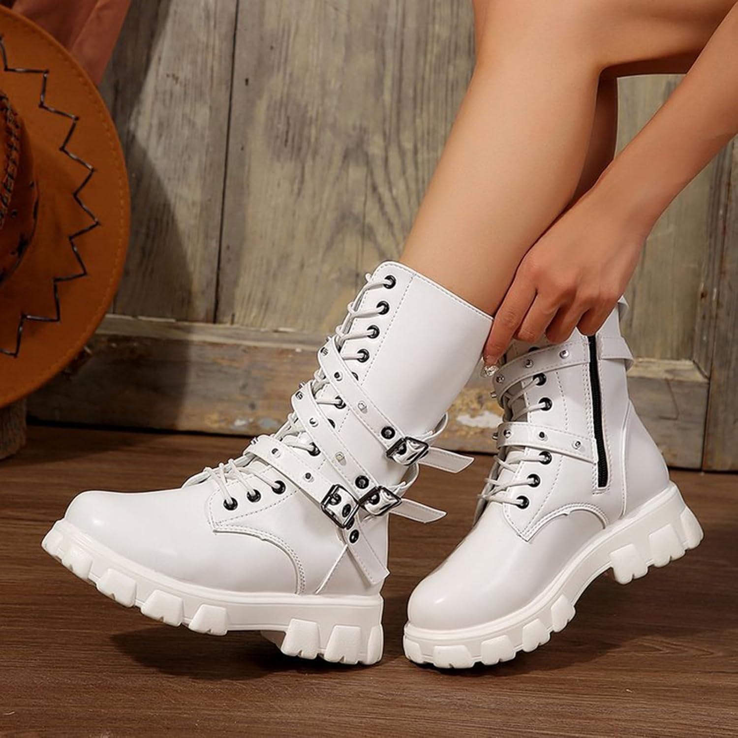 image:imageGnrique Bottes Plateforme MiMollet pour Femme Bout Rond Boot Femme Plateforme Montante Bottine Lacets Botte avec Sangle De Boucle Bottines PU 2025 Nouveau Boot Polyvalent Chaussure Hiver BotteWhite