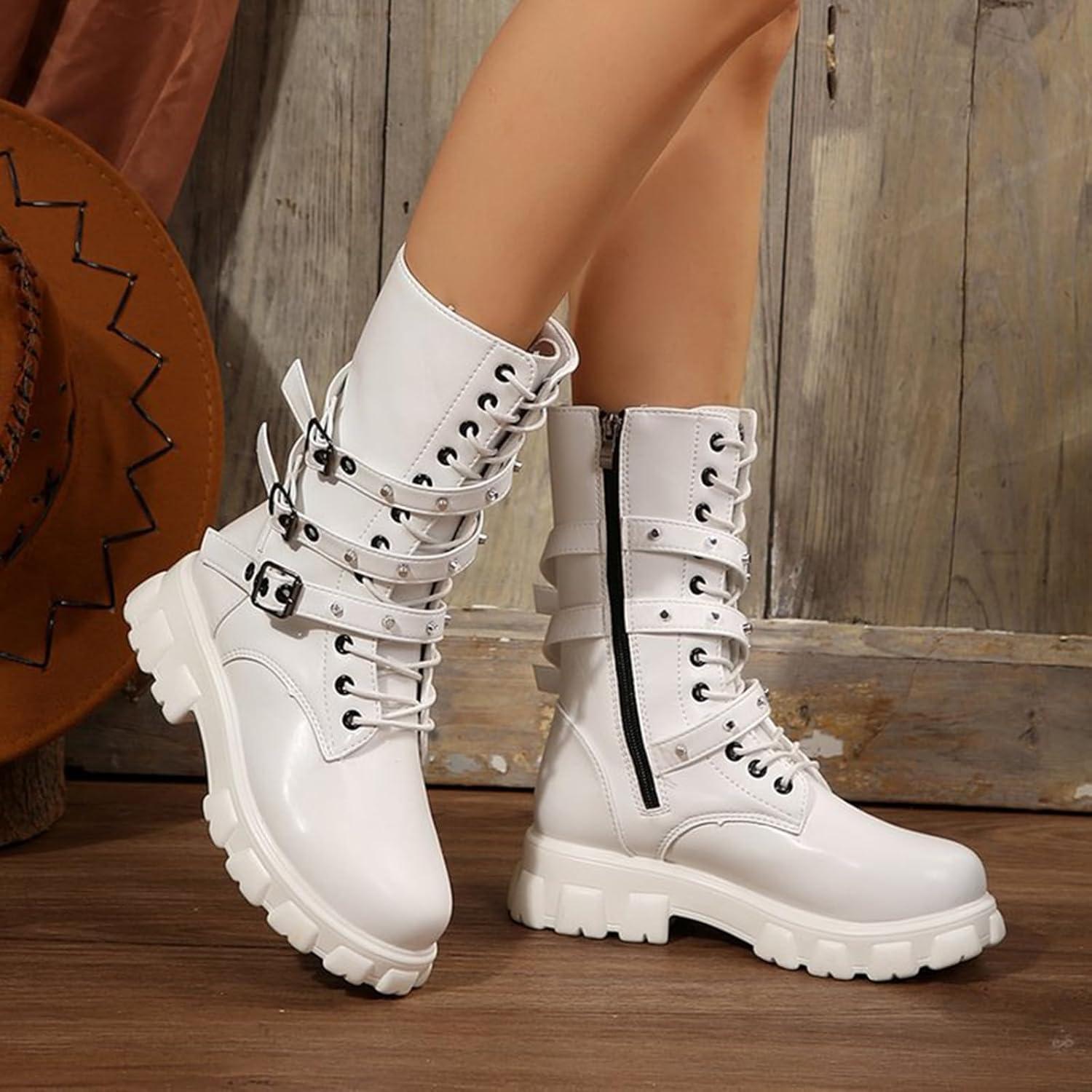 image:imageGnrique Bottes Plateforme MiMollet pour Femme Bout Rond Boot Femme Plateforme Montante Bottine Lacets Botte avec Sangle De Boucle Bottines PU 2025 Nouveau Boot Polyvalent Chaussure Hiver BotteWhite