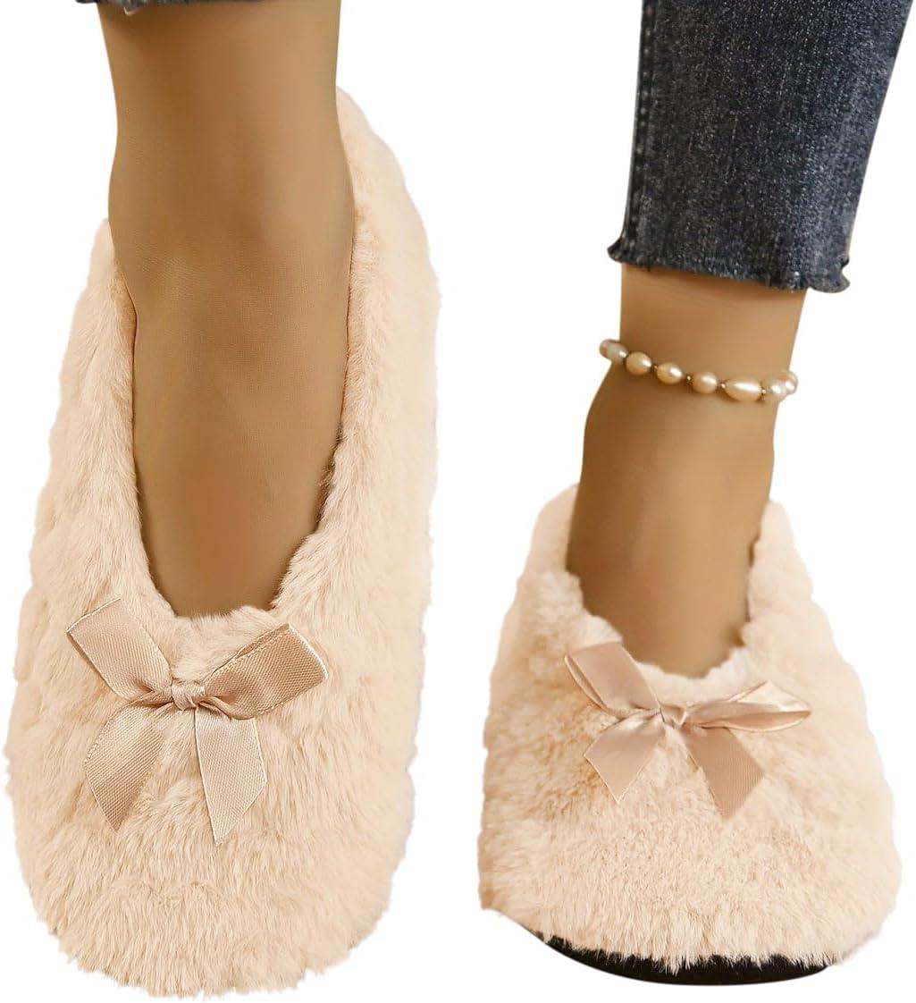 image:imageMinetom Chausson Femme Hiver Fourrure Noeud Papillon Pantoufles Doubl Chaud Maison Ballerines Chaussures PlatesA Abricot