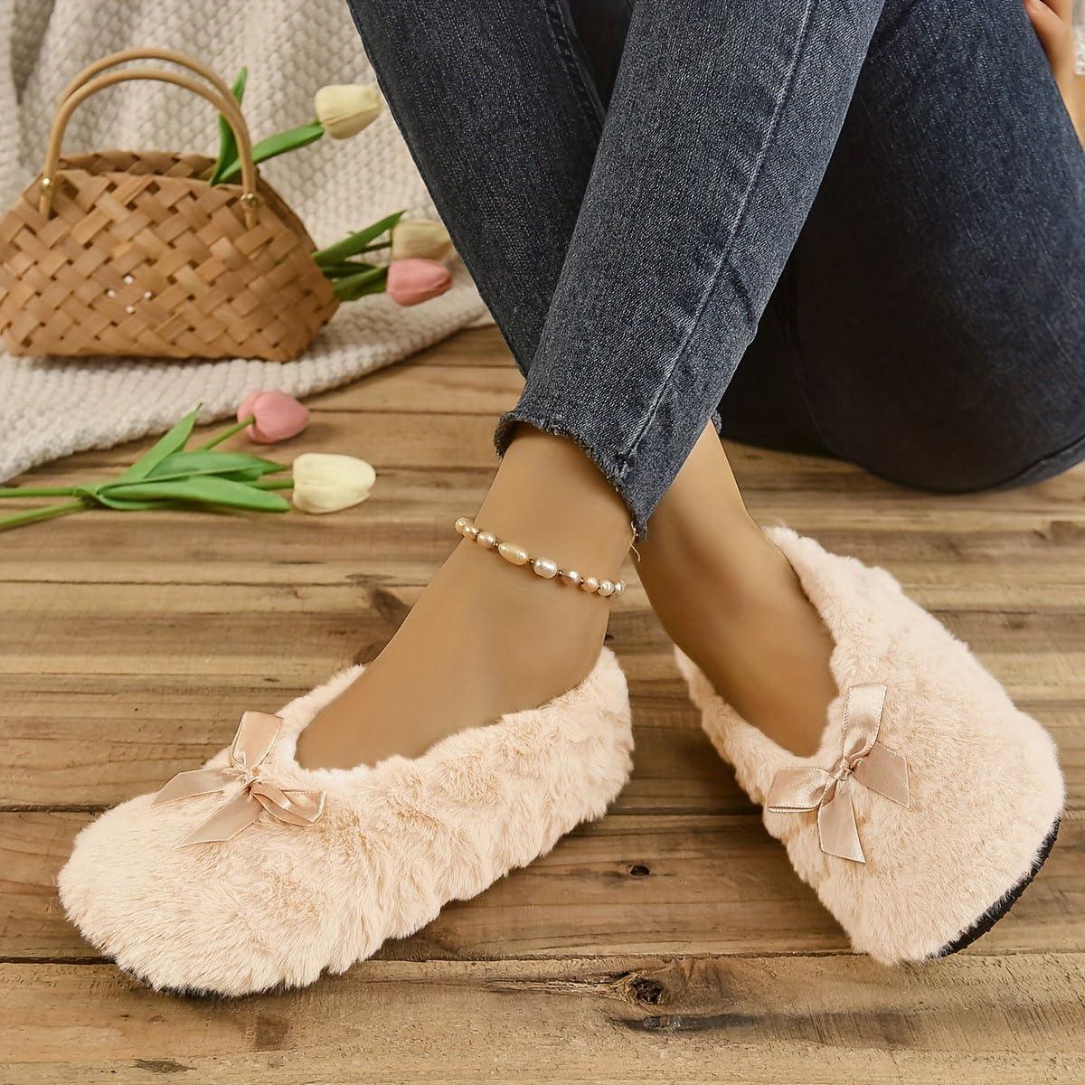 image:imageMinetom Chausson Femme Hiver Fourrure Noeud Papillon Pantoufles Doubl Chaud Maison Ballerines Chaussures PlatesA Abricot