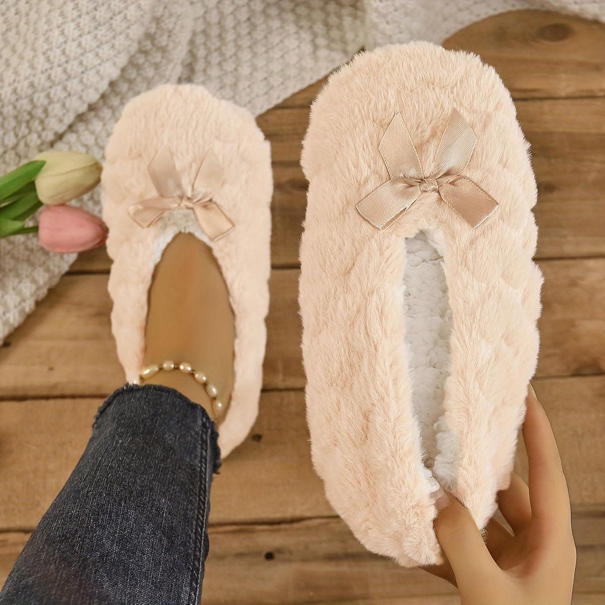 image:imageMinetom Chausson Femme Hiver Fourrure Noeud Papillon Pantoufles Doubl Chaud Maison Ballerines Chaussures PlatesA Abricot