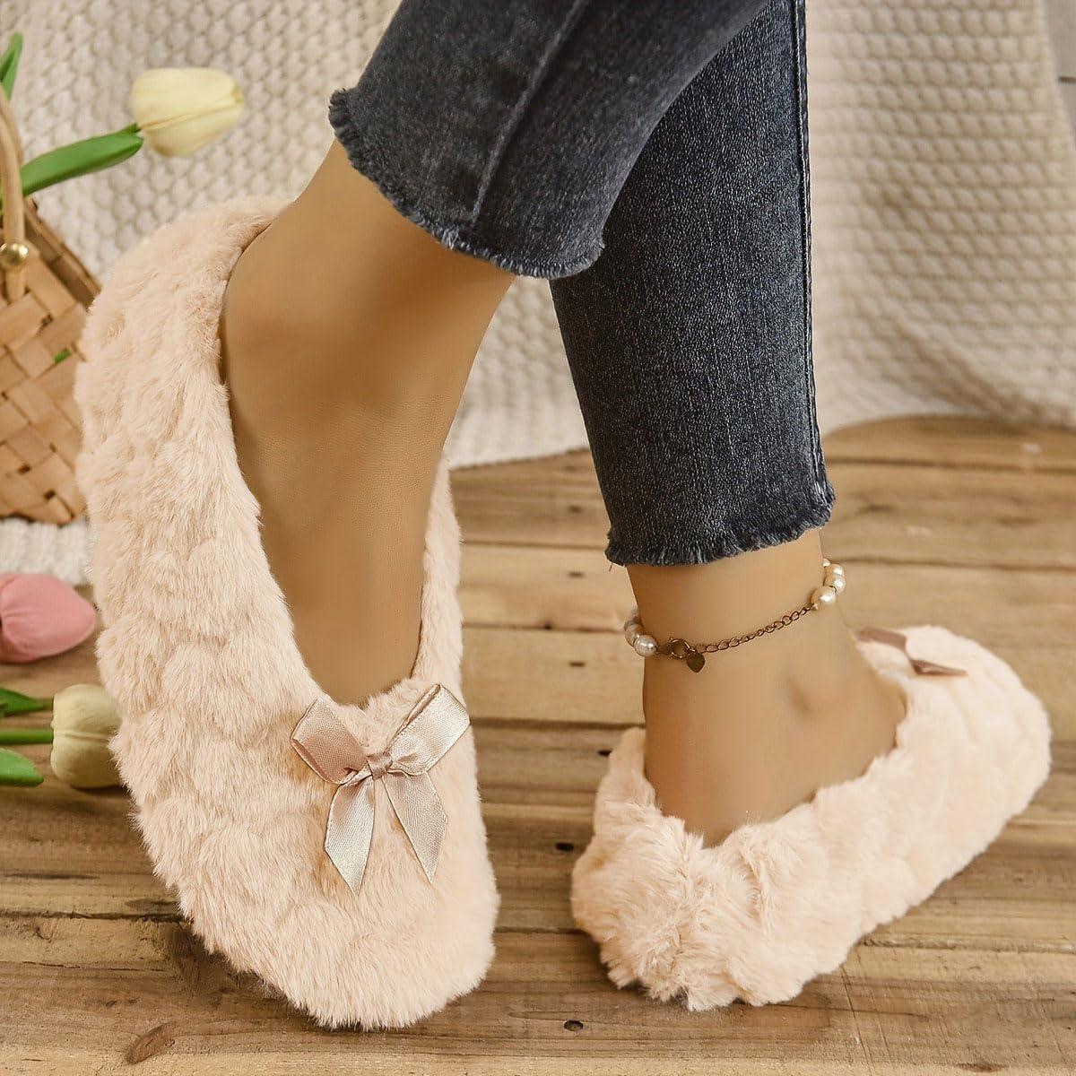 image:imageMinetom Chausson Femme Hiver Fourrure Noeud Papillon Pantoufles Doubl Chaud Maison Ballerines Chaussures PlatesA Abricot