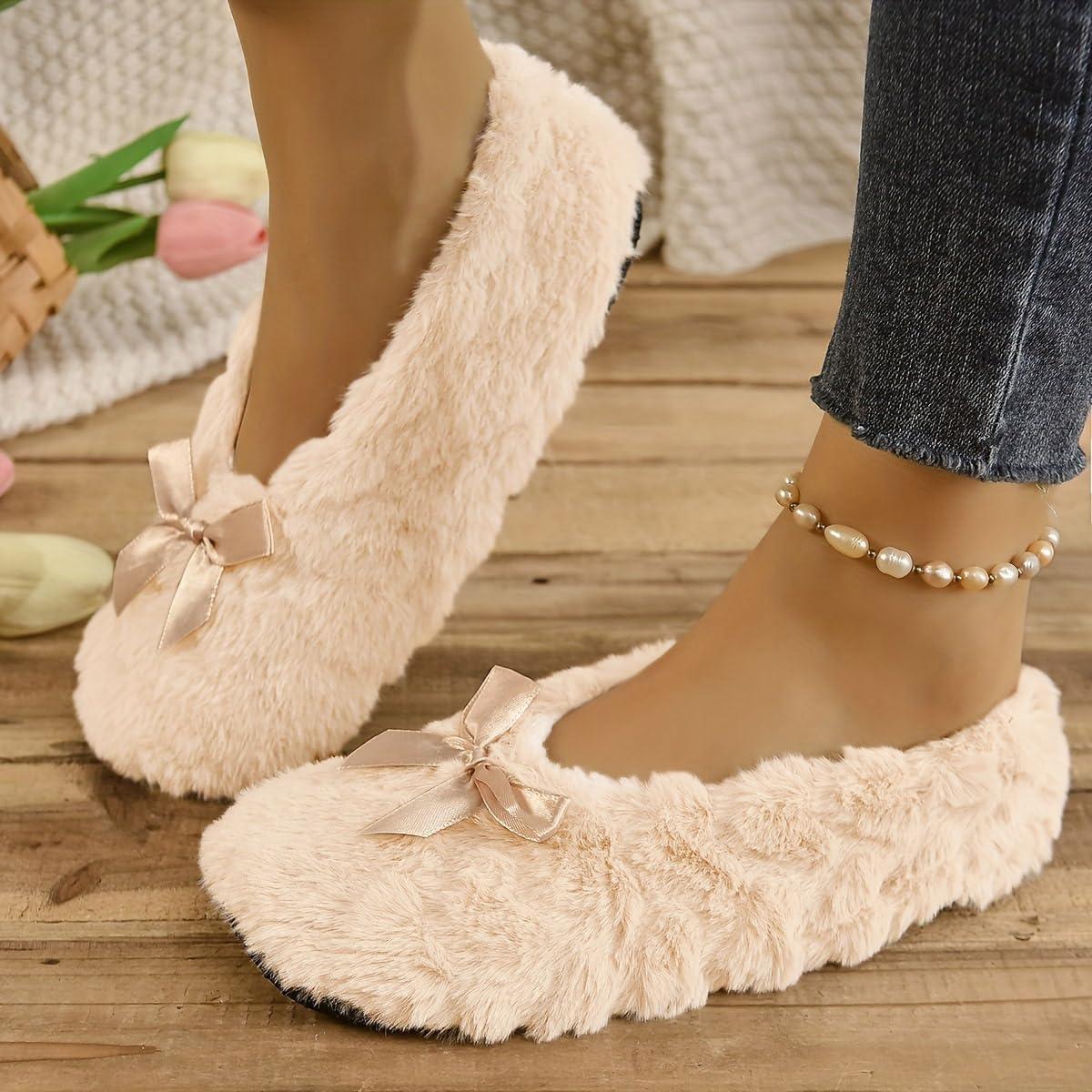 image:imageMinetom Chausson Femme Hiver Fourrure Noeud Papillon Pantoufles Doubl Chaud Maison Ballerines Chaussures PlatesA Abricot